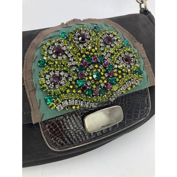 Prada Black Suede Rhinestone Alligator Flap Shoulder Bag - Picture 6 of 10